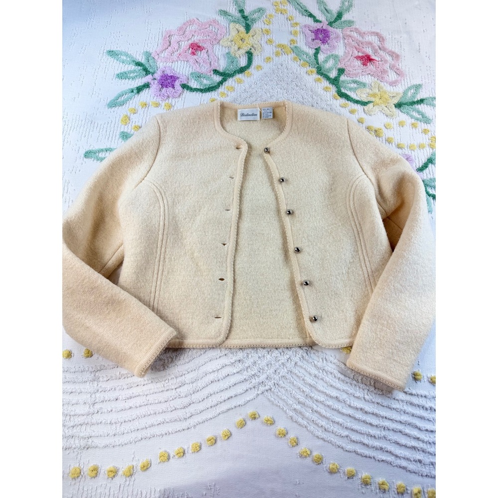 Vintage Distinction Cream 100% Wool Button Front Cardigan Jacket Silver Buttons